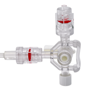 The three-way stopcock facilitates flow management, flushing, connection, and control of the outlet pathway during the procedure