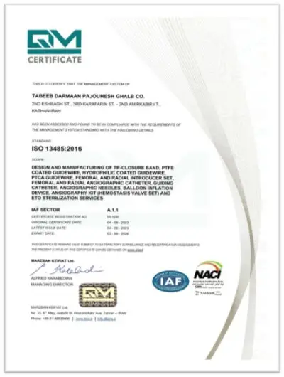Iranian National Standards Organization ISO13485 for Tabeeb Vascular