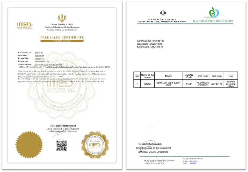 Iranian National Standards Organization ISO13485 for Tabeeb Vascular